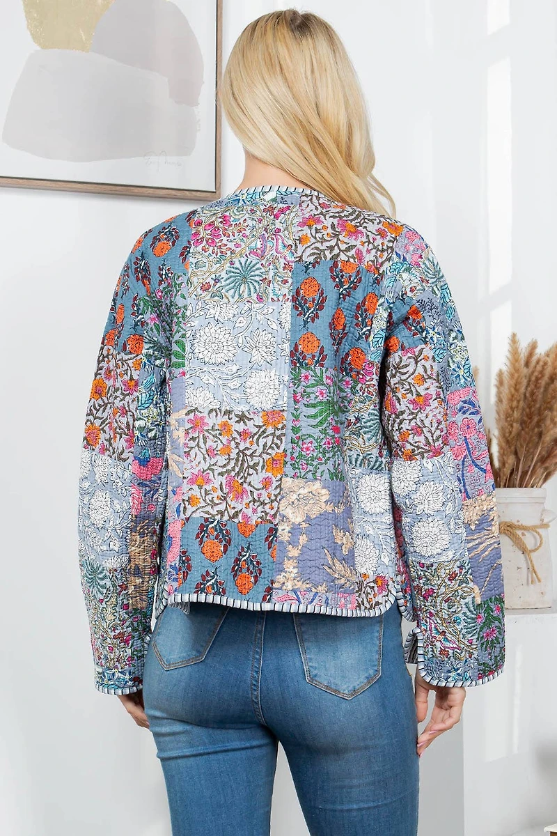 Gray Floral Print Quilted Patch Jacket