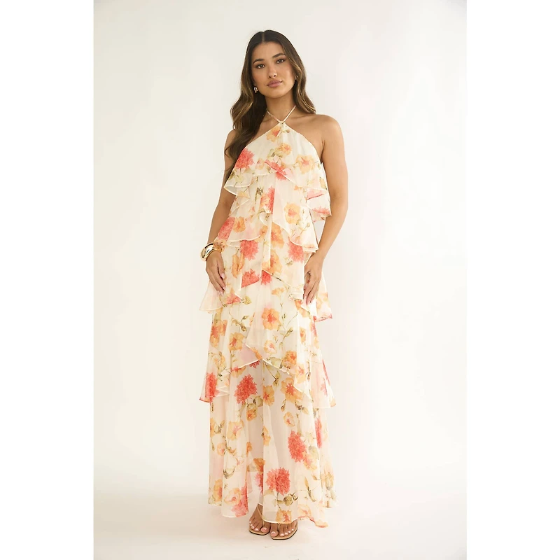 Orange Floral Halter Tiered Maxi Dress