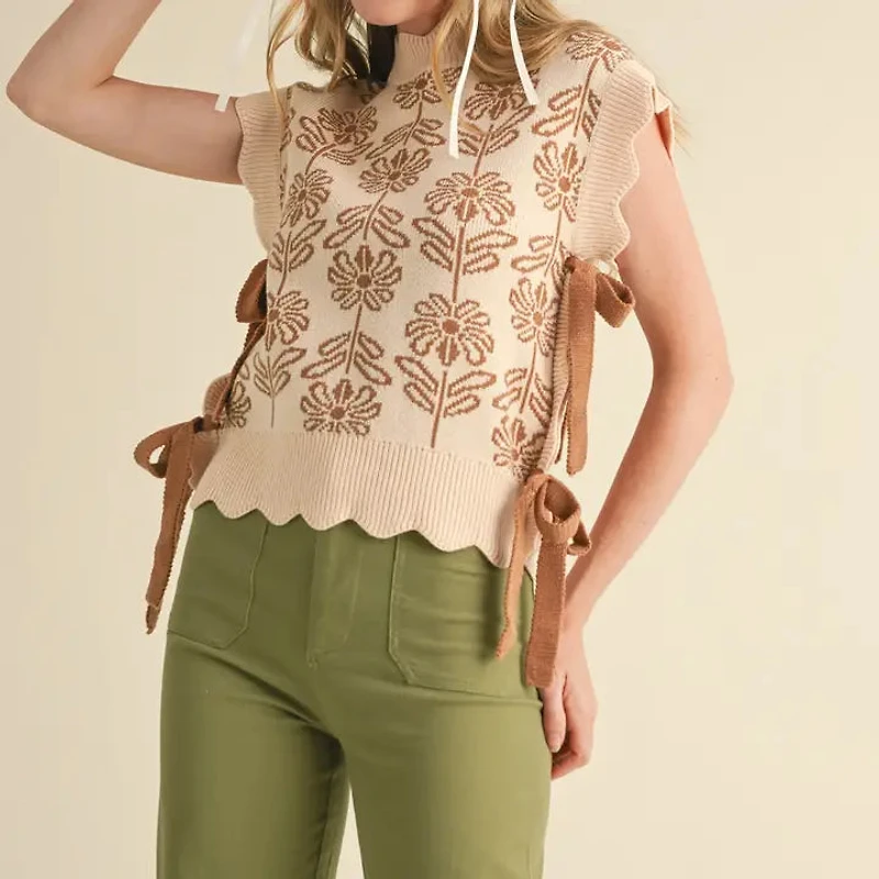 Beige Mock Neck Floral Sweater Vest