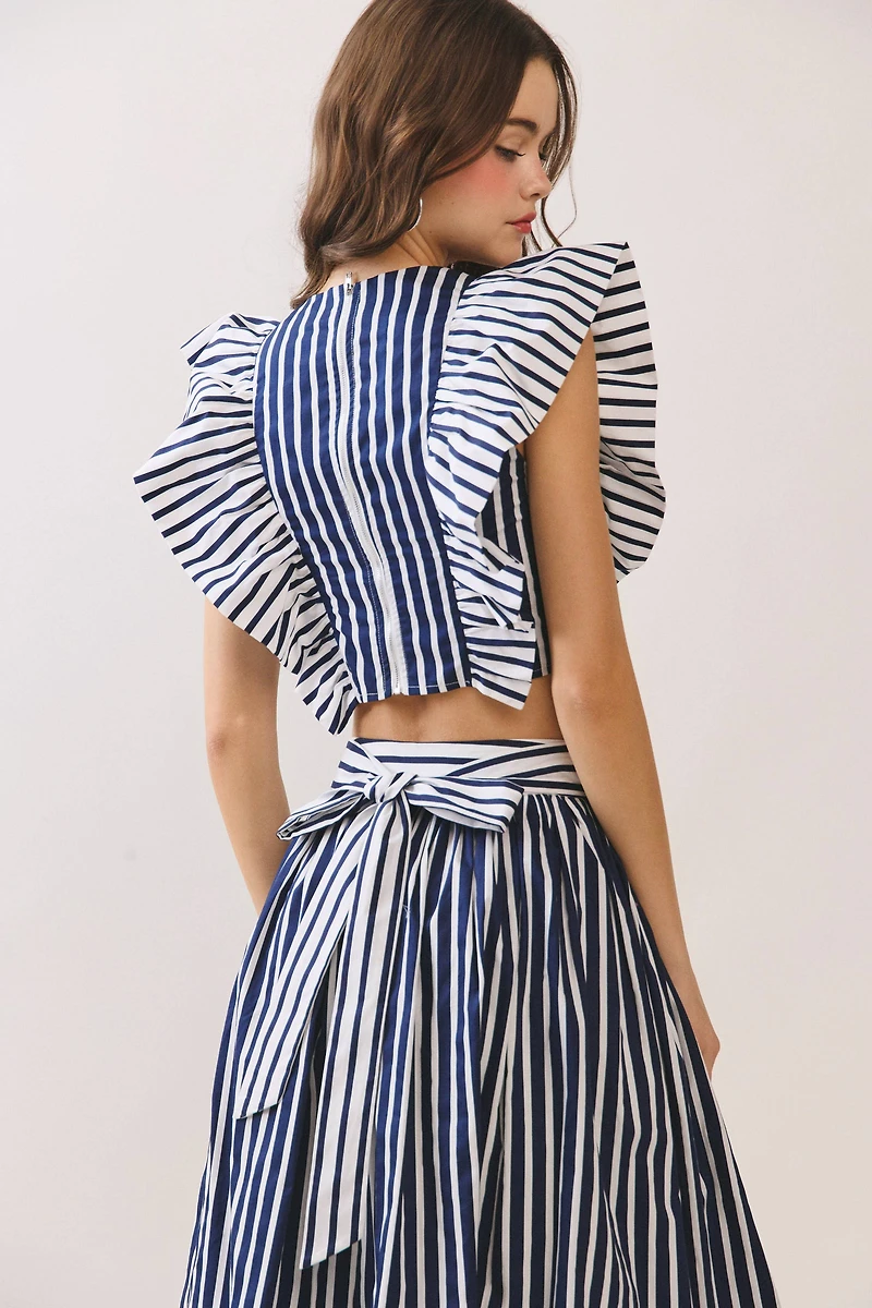 Striped Ruffle Sleeves Cropped Top