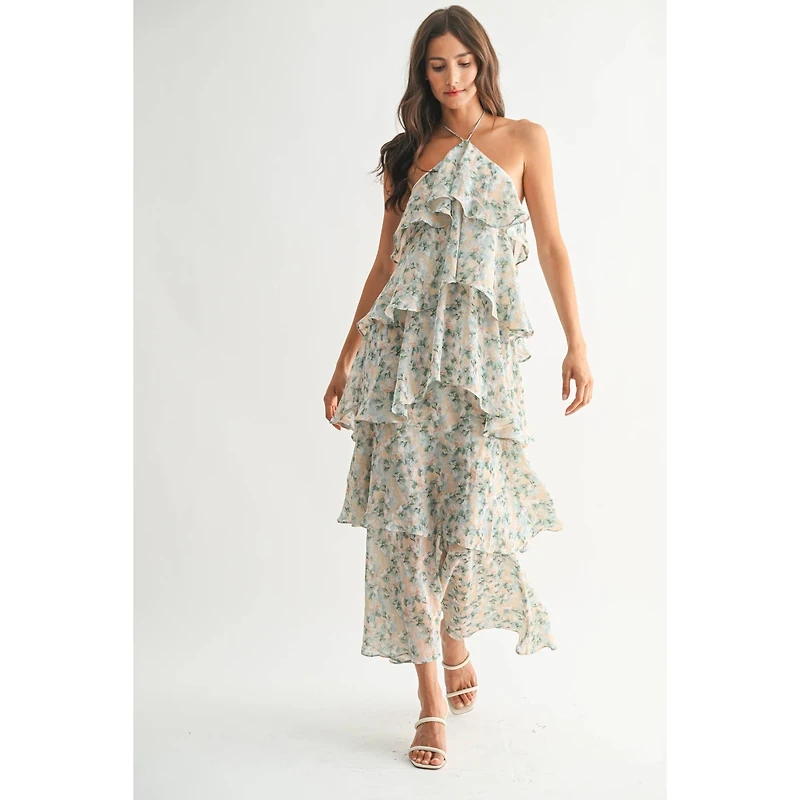 Green Floral Ruffle Tiered Maxi Dress