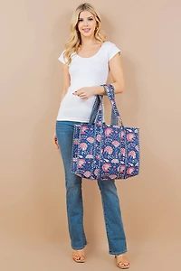 Printed Pink Floral Quilted Tote Bag