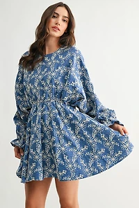 Blue Embroidered Long Sleeve Mini Dress