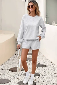 Grey & Pink Bow Embroidered Pullover Shorts Set