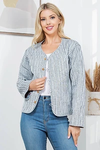 Gray Floral Print Quilted Patch Jacket