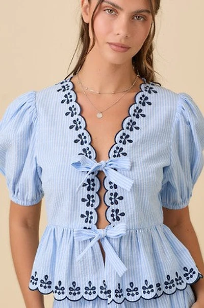Blue V-Neck Tie Blouse