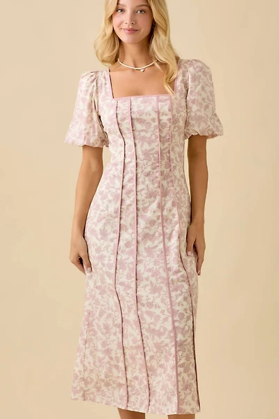 Pink Square Neck Bubble Sleeve Dress