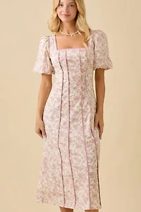 Pink Square Neck Bubble Sleeve Dress