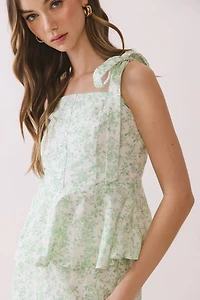 Green Floral Print Shoulder Tie Top