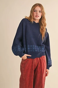 Navy Scalloped Mock Neck Sweater