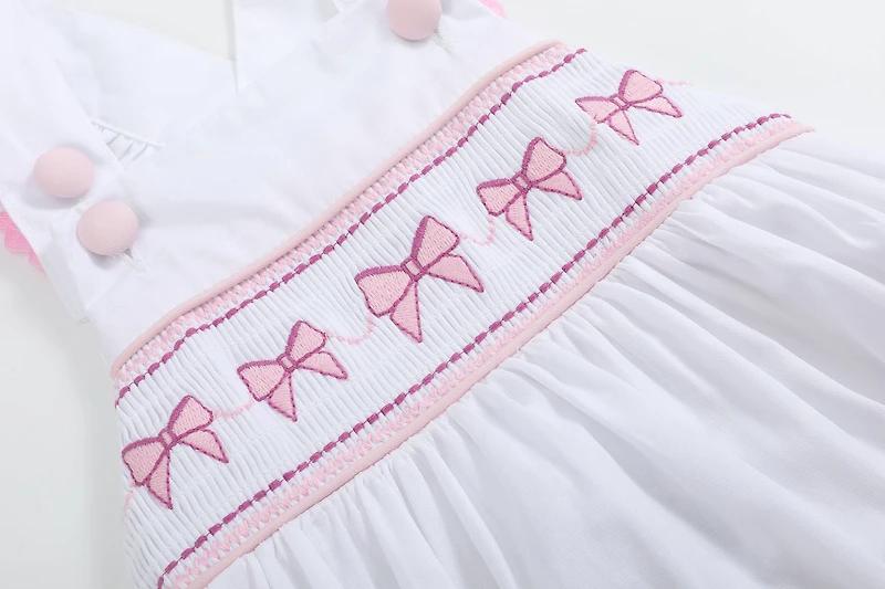 White and Pink Bows Smocked Ruffle Romper