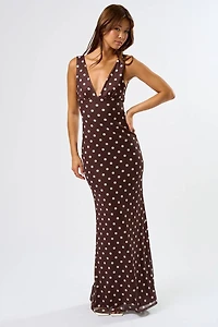 Brown Mesh Polka Dot Maxi Dress