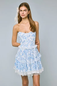 Blue Floral Corset Lace Mini Dress