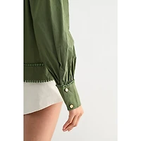 Green Puff Sleeve Embroidered Blouse