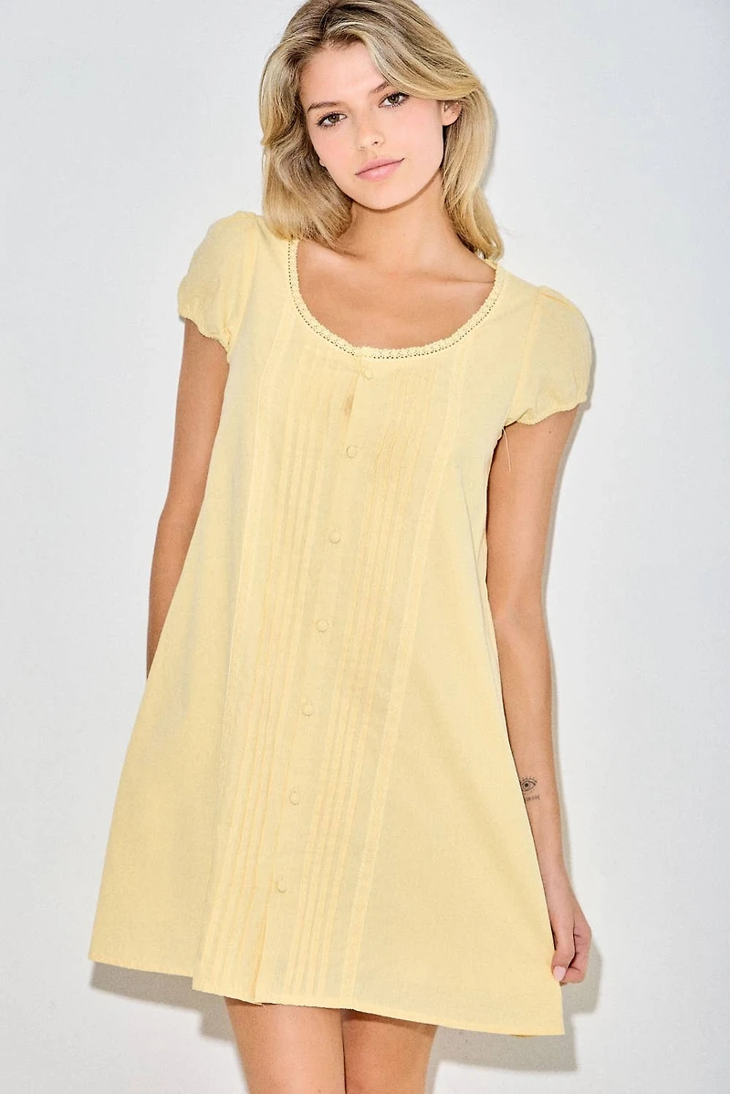 Yellow Button Down Pleated Mini Dress