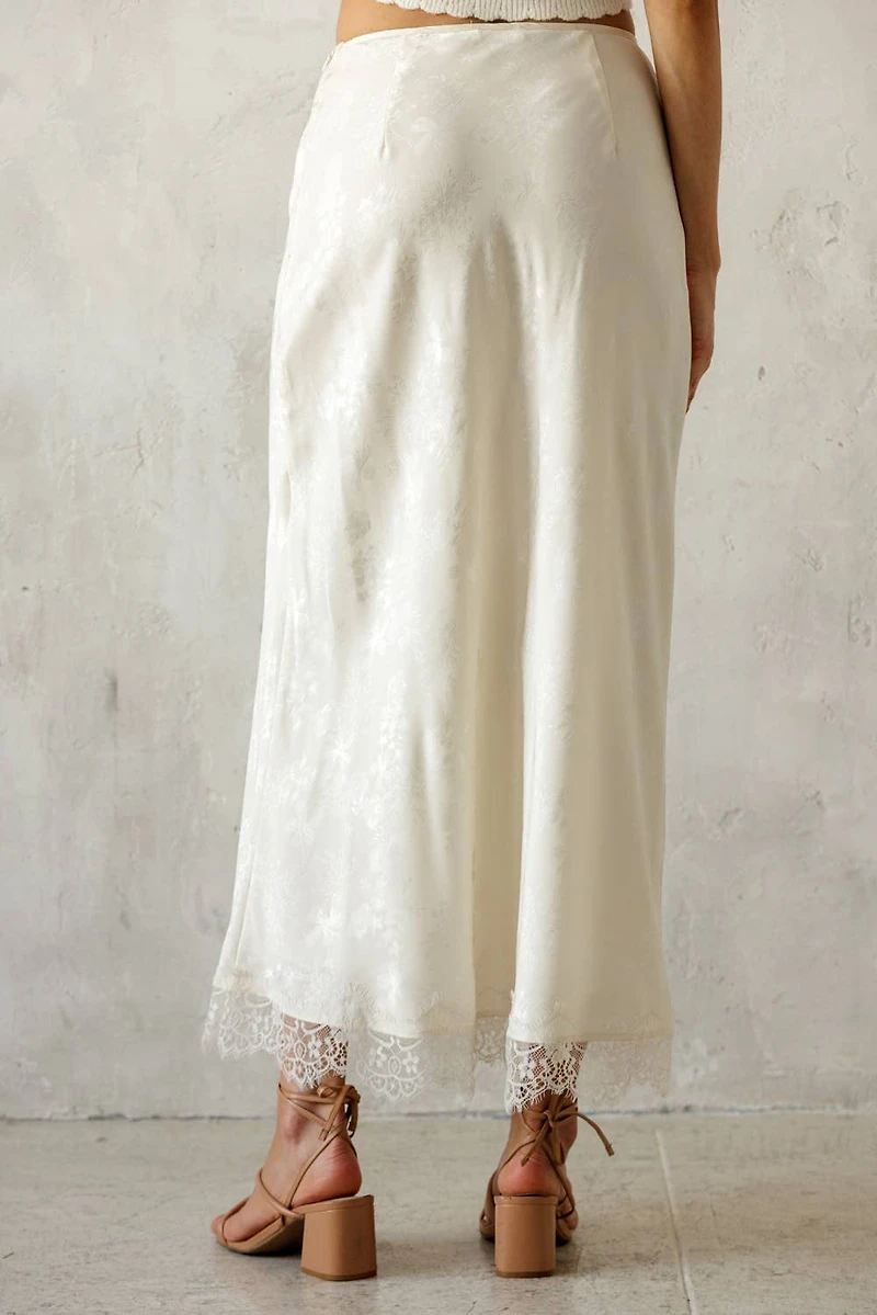 Ivory Satin Lace Trim Midi Skirt