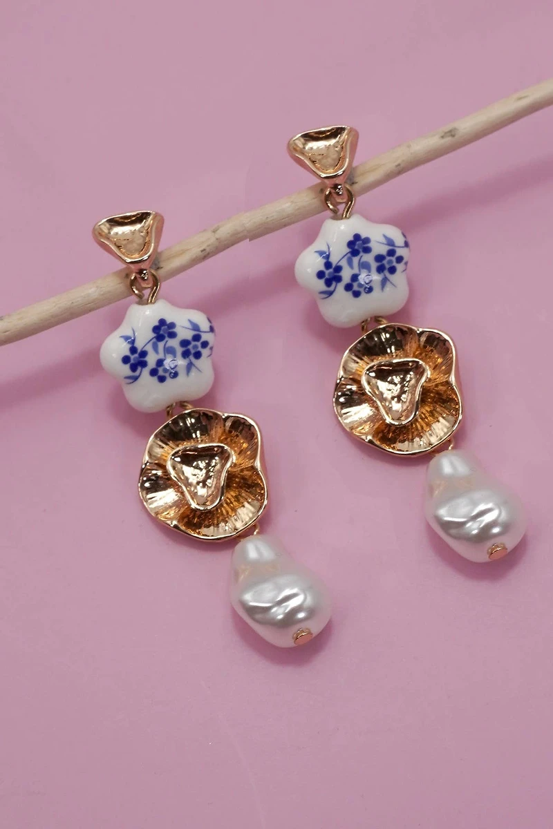 BLUE CERAMIC PORCELAIN  GOLD PEARL DROP EARRINGS