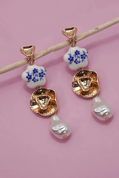 BLUE CERAMIC PORCELAIN  GOLD PEARL DROP EARRINGS