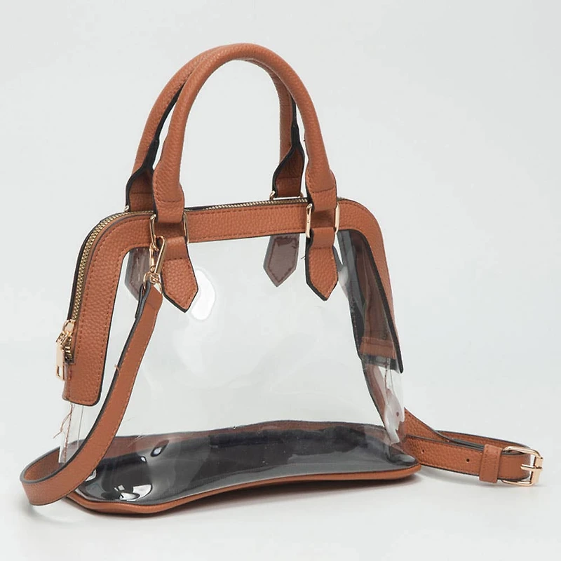 Faux Leather Trim Transparent Structured Top Handle Handbag / Crossbody Bag: Clear, Black