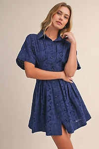 Navy Eyelet Pleated Mini Dress