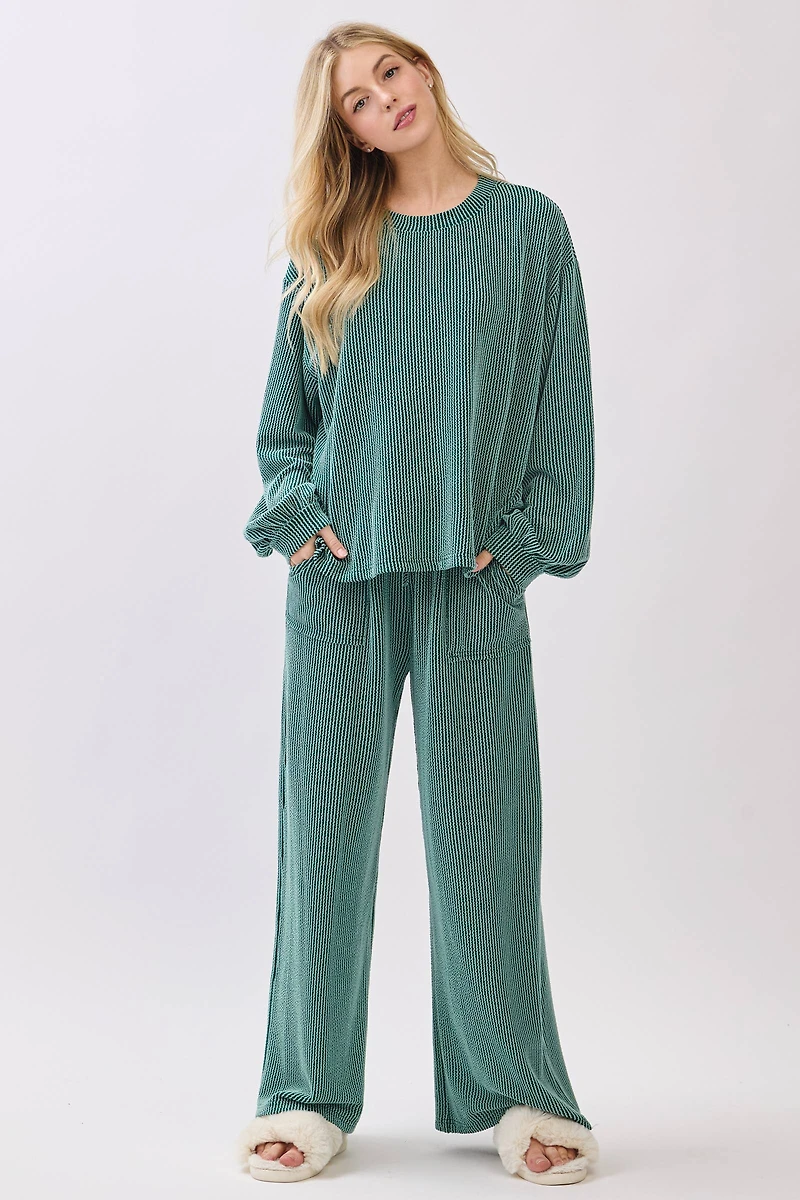 Teal Ribbed Knit Top and Wide Leg Pants Set