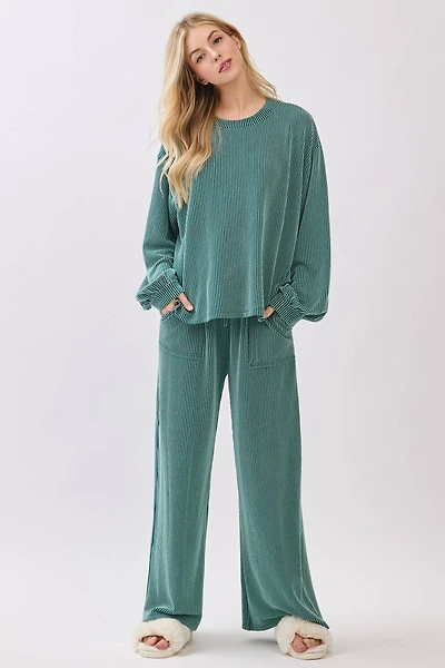 Teal Ribbed Knit Top and Wide Leg Pants Set