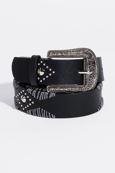 Black Western Floral Etched Vegan Leather Belt