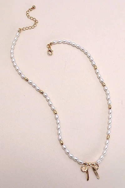 BOW RIBBON PEARL GOLD MIX CHAIN NECKLACE