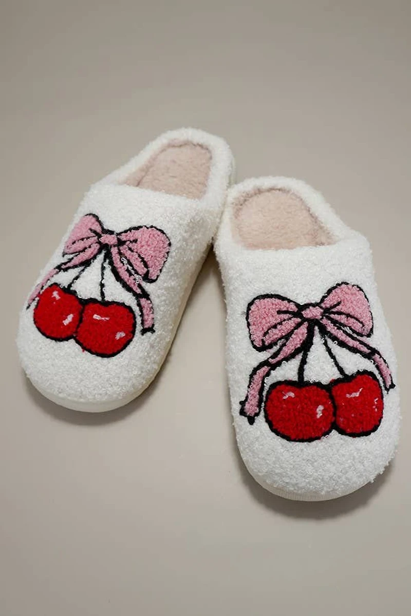 Bow Cherry Plush Slippers