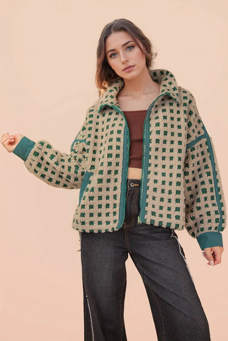 Gray & Green Oversized Checker Fleece Jacket