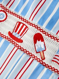 4th of july Toddler Boys Ice Cream Striped Smocking Embroidered Romper