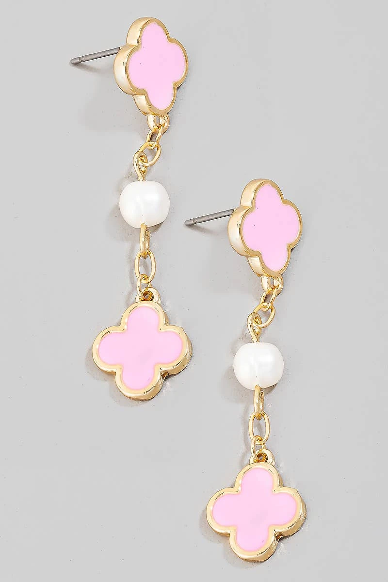 Clover And Fresh Water Pearl Dangle Chain Earrings