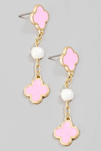 Clover And Fresh Water Pearl Dangle Chain Earrings