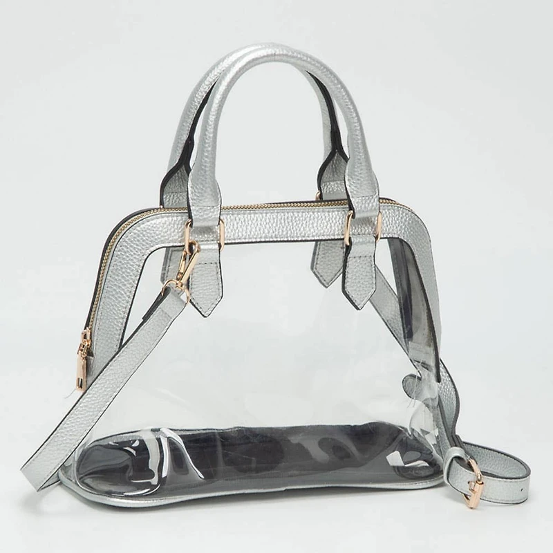 Faux Leather Trim Transparent Structured Top Handle Handbag / Crossbody Bag: Clear, Black