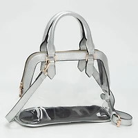 Faux Leather Trim Transparent Structured Top Handle Handbag / Crossbody Bag: Clear, Black