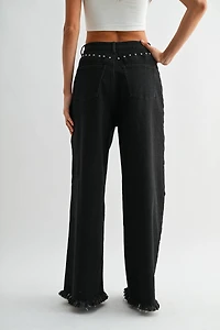 Black Wide-Leg Denim Stud Pants