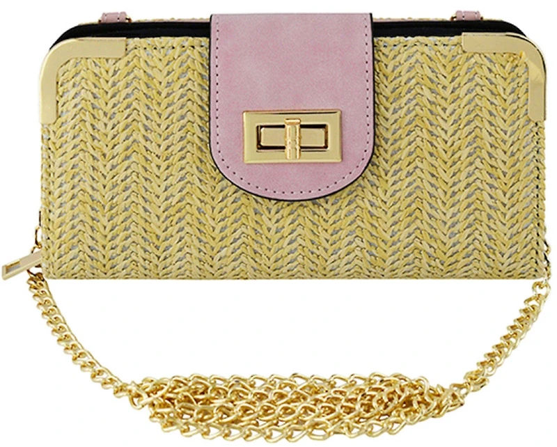 Straw Turn Lock Crossbody Wallet