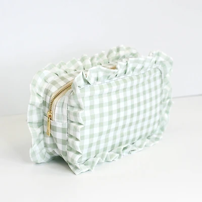 Light Green Gingham Frilly Makeup Bag