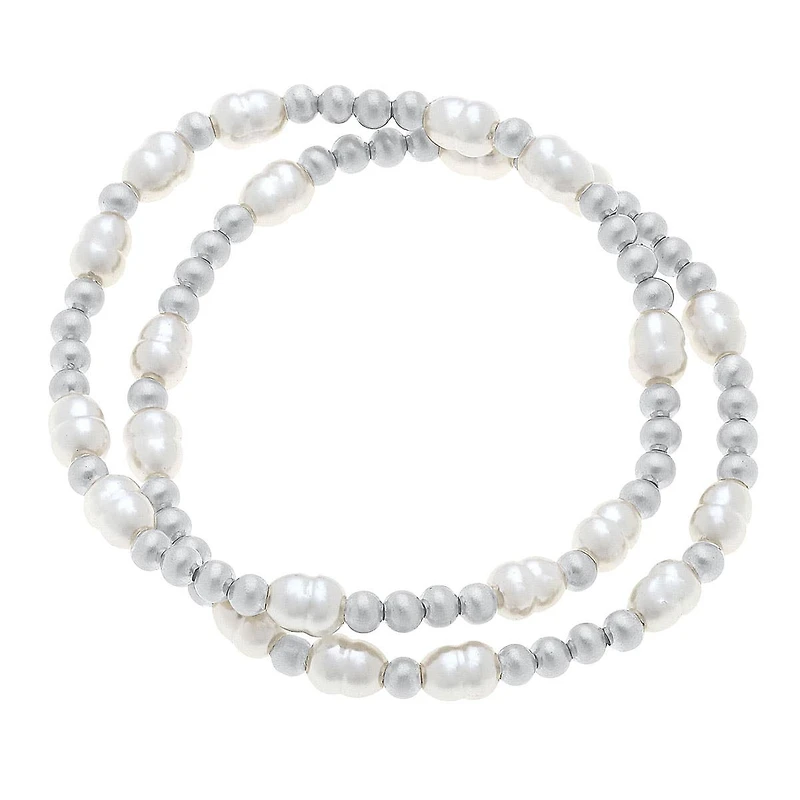 Morgan Ball Bead & Pearl Stretch Bracelets (Set of 2) Silver