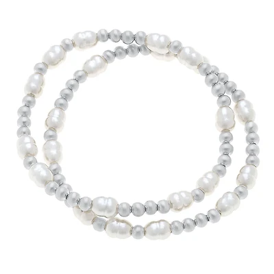 Morgan Ball Bead & Pearl Stretch Bracelets (Set of 2) Silver