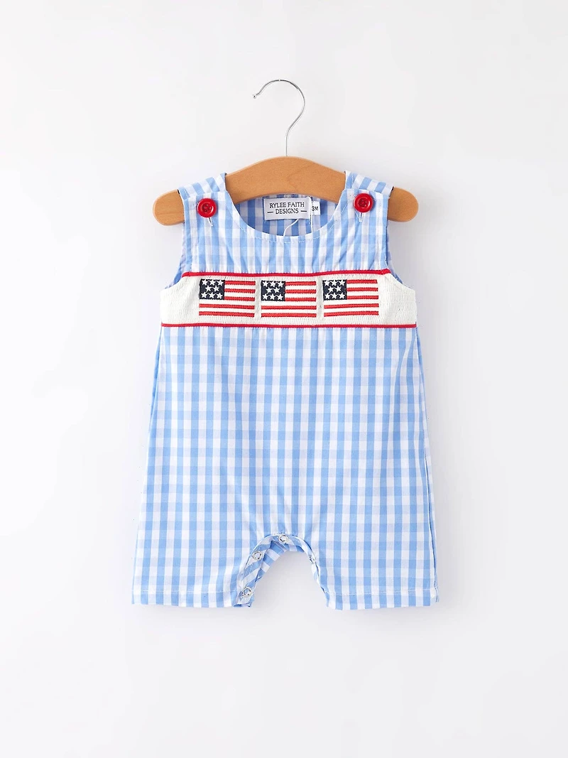 4th of july Flag Embroidery Smocking Boys Romper
