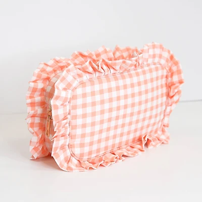 Peach Gingham Frilly Makeup Bag