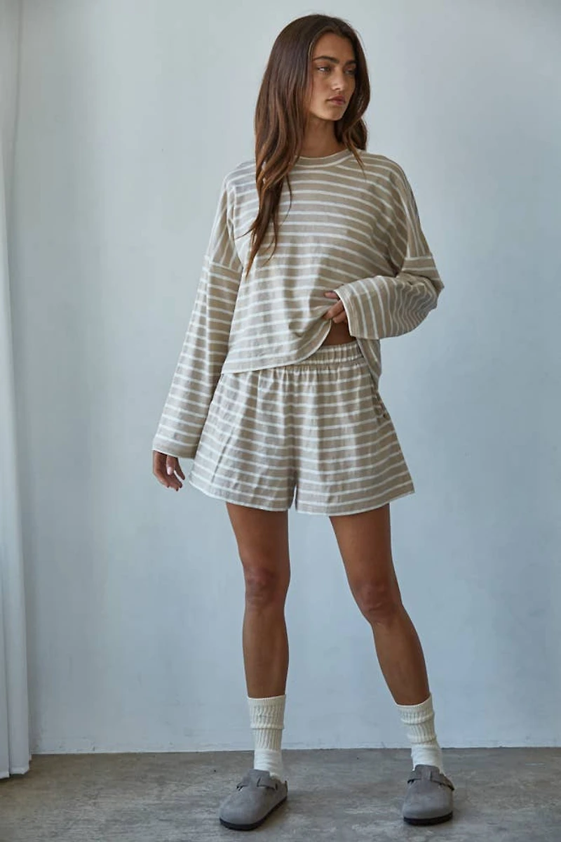 Beige & White Striped Mock Neck Long Sleeve