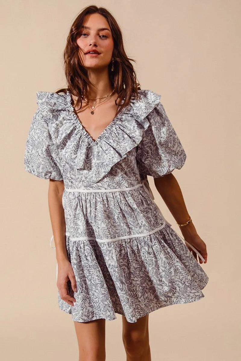 Off White & Navy Printed Ruffle V-Neckline Dress