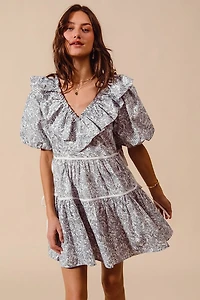 Off White & Navy Printed Ruffle V-Neckline Dress