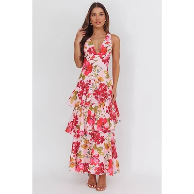 Pink Floral V-neck Tiered Maxi Dress