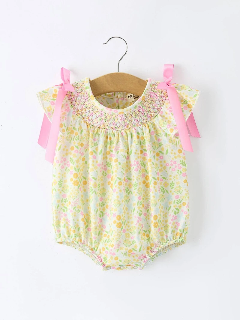 Yellow Spring Floral Smocked Romper