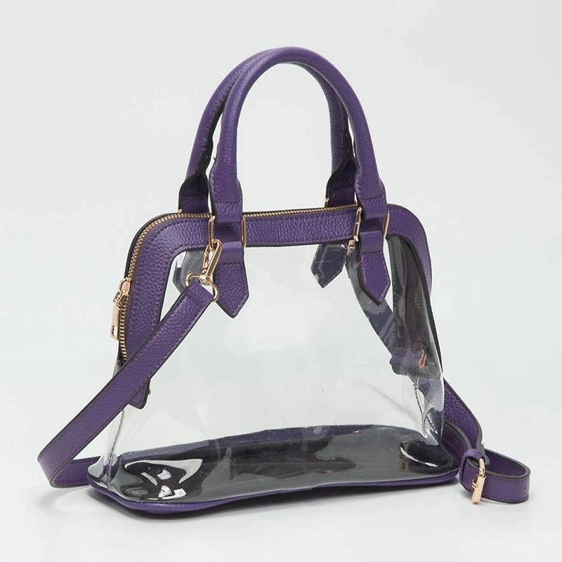 Faux Leather Trim Transparent Structured Top Handle Handbag / Crossbody Bag: Clear, Black