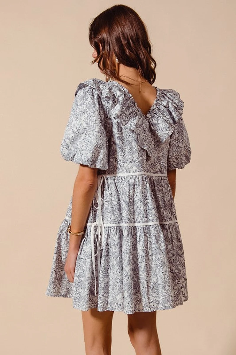 Off White & Navy Printed Ruffle V-Neckline Dress