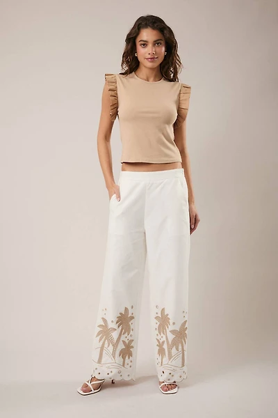 White Palm Tree Embroidered Linen Pants